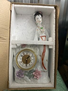 Vintage Porcelain Geisha Figurine Desk Clock - Hand Painted Floral - NIB